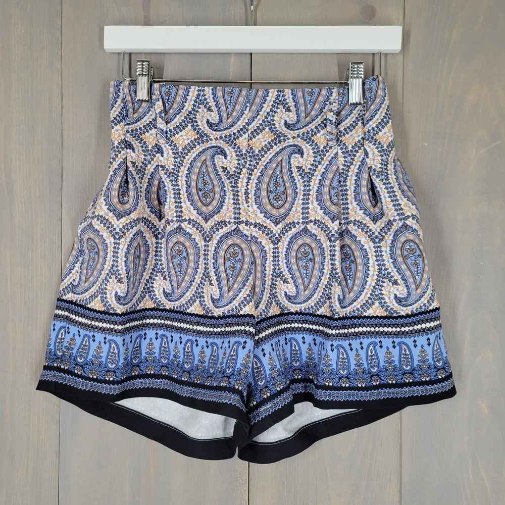 Tommy Hilfiger Paisley Shorts Women XS Blue High Rise Boho Elastic Waist Pocket